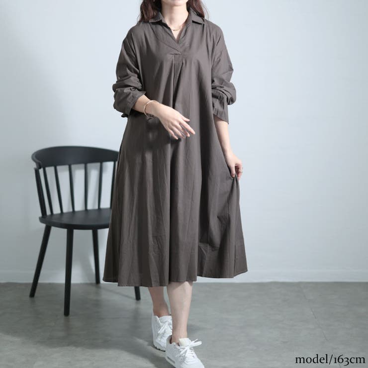 グレー | 大きいサイズレディース ワンピース スキッパー襟コットンワンピース | GOLDJAPAN　大きいサイズ専門店