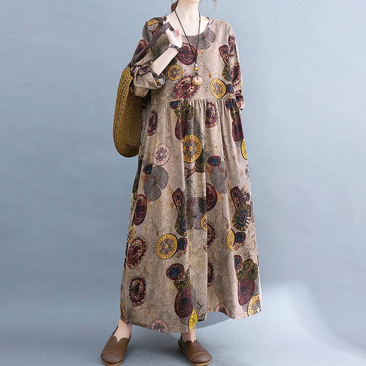 ブラウン | 大きいサイズレディース ワンピース ヴィンテージ柄Aラインワンピース | GOLDJAPAN　大きいサイズ専門店