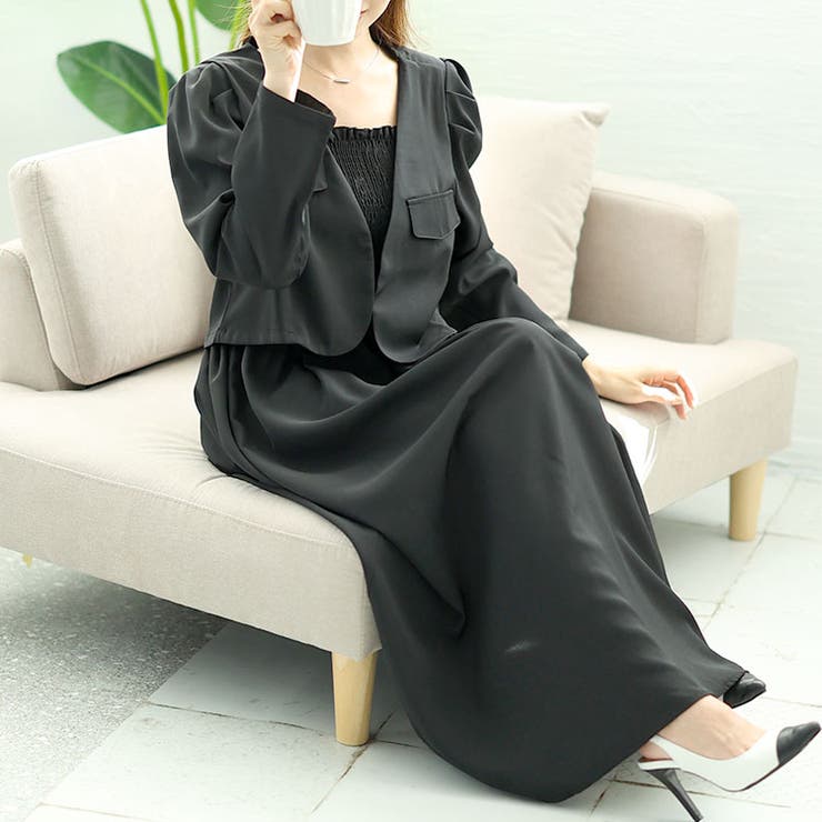 冬新作 大きいサイズ レディース ワンピース サイドリボンZIPジャケット＆キャミワンピース2点セット ワンピ セット ロング キャミ ジャケット ジップ リボン パフスリーブ 5分袖 タック フレア ゆったり 春服 夏 秋服 LL 2L 3L 4L 5L ブラック 黒 ブルー ゴールドジャパン 大きいサイズレディース ワンピース ジャケット[品番：GJ000021358