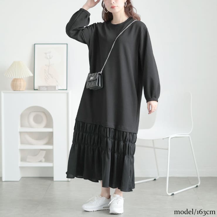 ブラック | 大きいサイズレディース ワンピース 裾ティアードスウェットワンピース | GOLDJAPAN　大きいサイズ専門店