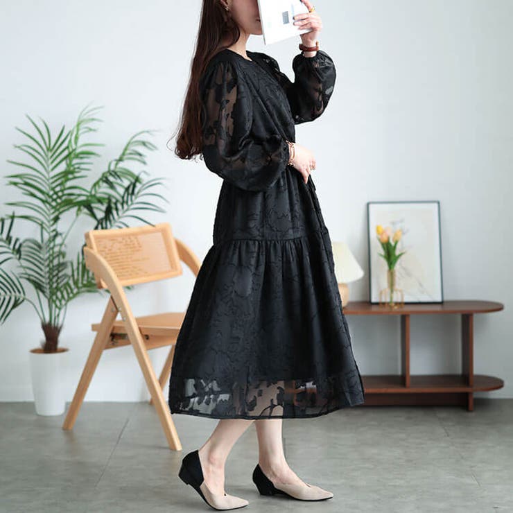 ブラック | 大きいサイズレディース ワンピース 花柄ジャガードティアードワンピース | GOLDJAPAN　大きいサイズ専門店