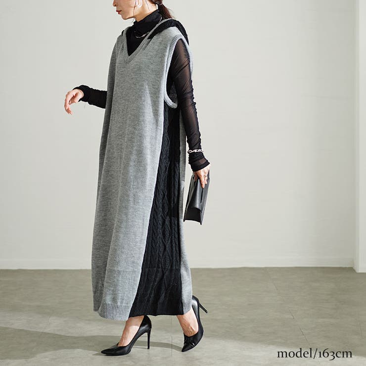 ブラック | 大きいサイズレディース ワンピース 配色ニットノースリーブパーカーワンピース | GOLDJAPAN　大きいサイズ専門店