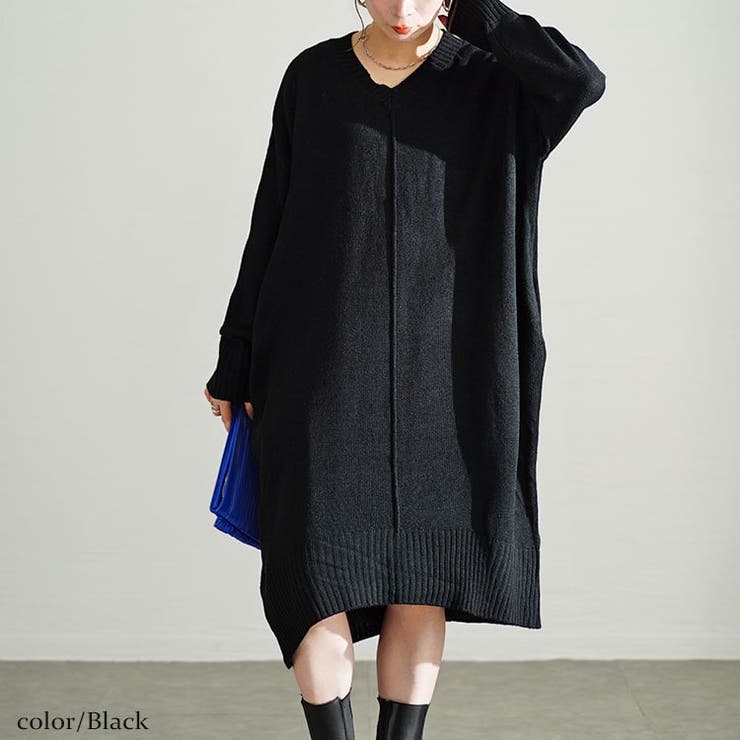 ブラック | 大きいサイズレディース ワンピース センターラインコクーンニットワンピース | GOLDJAPAN　大きいサイズ専門店