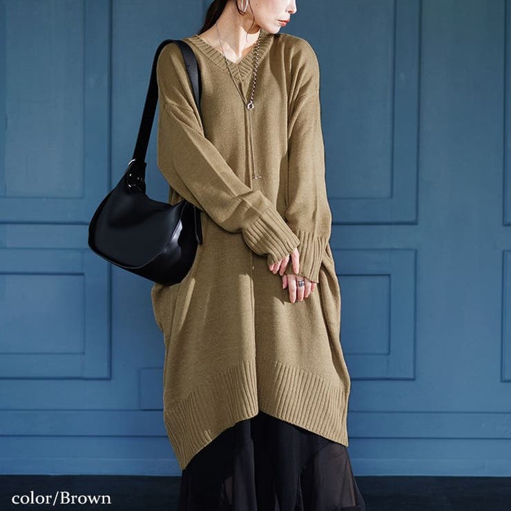 ブラウン | 大きいサイズレディース ワンピース センターラインコクーンニットワンピース | GOLDJAPAN　大きいサイズ専門店
