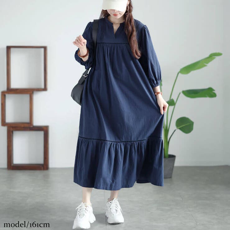 ネイビー | 大きいサイズレディース ワンピース ピンタックコットンティアードワンピース | GOLDJAPAN　大きいサイズ専門店