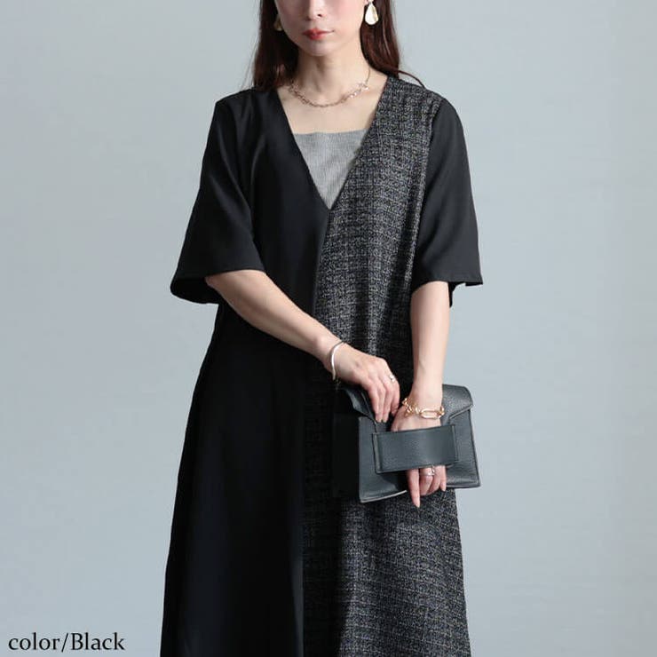 ブラック | 大きいサイズレディース ワンピース ラメツイード切り替えVネックワンピース | GOLDJAPAN　大きいサイズ専門店