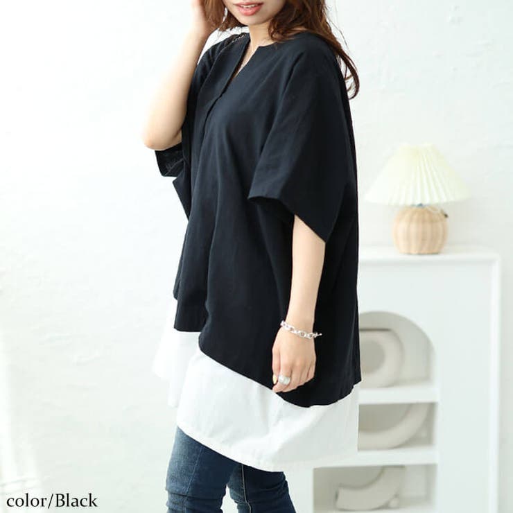 ブラック | 大きいサイズレディース チュニック フェイクレイヤードキーネックドルマンチュニッ… | GOLDJAPAN　大きいサイズ専門店