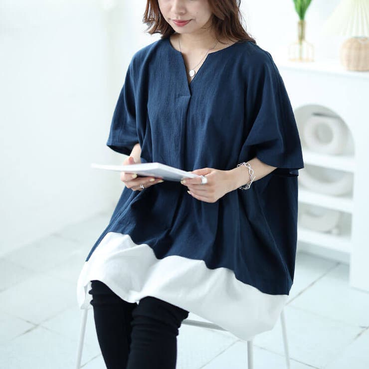 ネイビー | 大きいサイズレディース チュニック フェイクレイヤードキーネックドルマンチュニッ… | GOLDJAPAN　大きいサイズ専門店