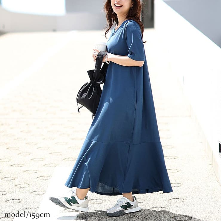 ブルー | 大きいサイズレディース ワンピース バックロゴマーメイドワッフルワンピース | GOLDJAPAN　大きいサイズ専門店