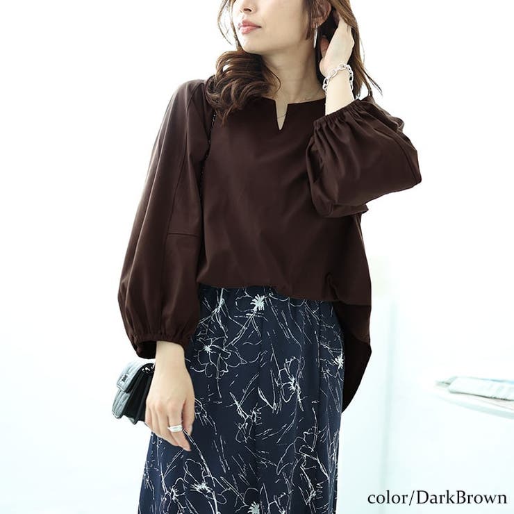 ダークブラウン | 大きいサイズレディース トップス 肩タックボリュームスリーブキーネックプルオーバ… | GOLDJAPAN　大きいサイズ専門店