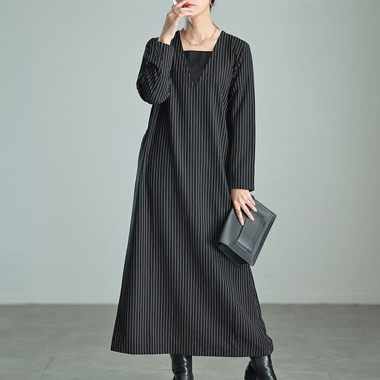 ブラック | 大きいサイズレディース ワンピース 重ね着風ピンストライプスリットワンピース | GOLDJAPAN　大きいサイズ専門店