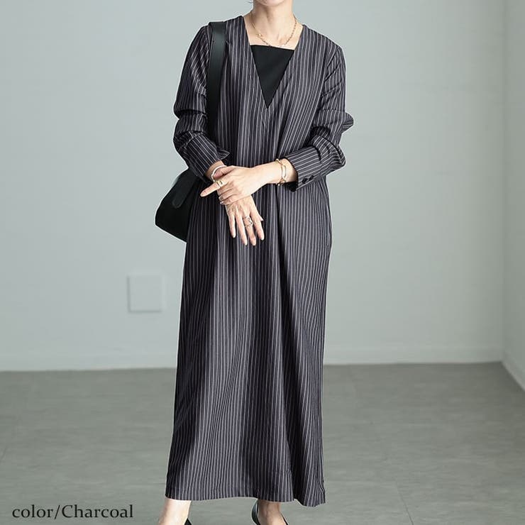 チャコール | 大きいサイズレディース ワンピース 重ね着風ピンストライプスリットワンピース | GOLDJAPAN　大きいサイズ専門店