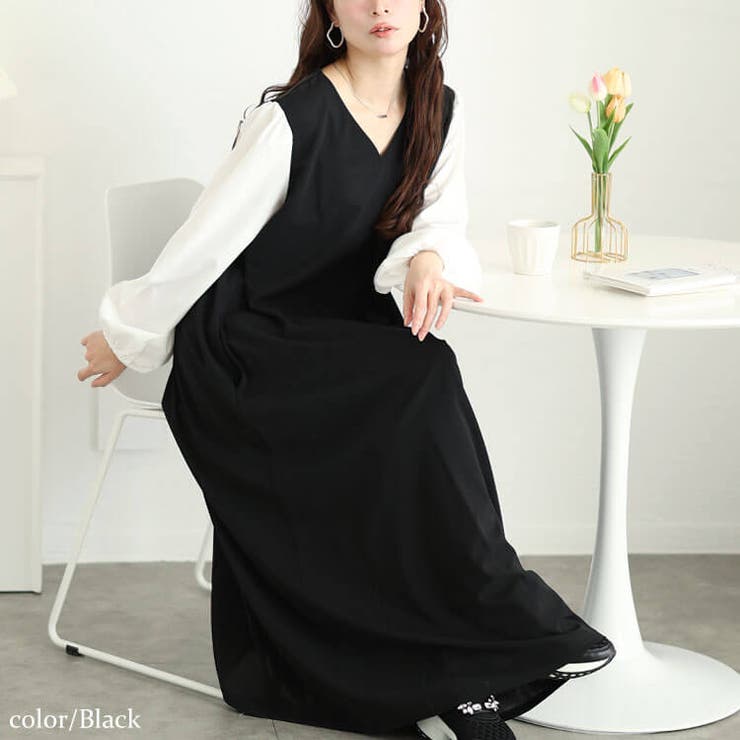 ブラック | 大きいサイズレディース ワンピース フェイクレイヤードフレアワンピース | GOLDJAPAN　大きいサイズ専門店