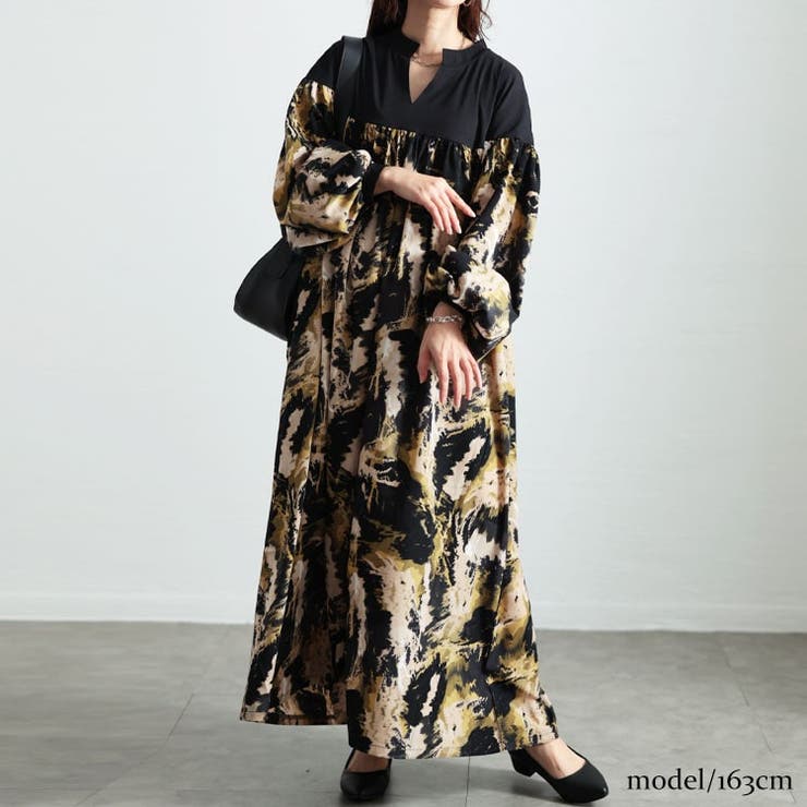 ブラック | 大きいサイズレディース ワンピース ペイント柄切り替えギャザーフレアワンピース | GOLDJAPAN　大きいサイズ専門店