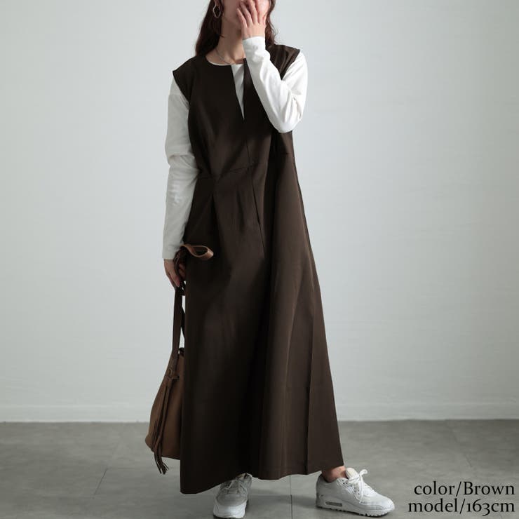 ブラウン | 大きいサイズレディース ワンピース ウエストタックフレアジャンパースカート | GOLDJAPAN　大きいサイズ専門店