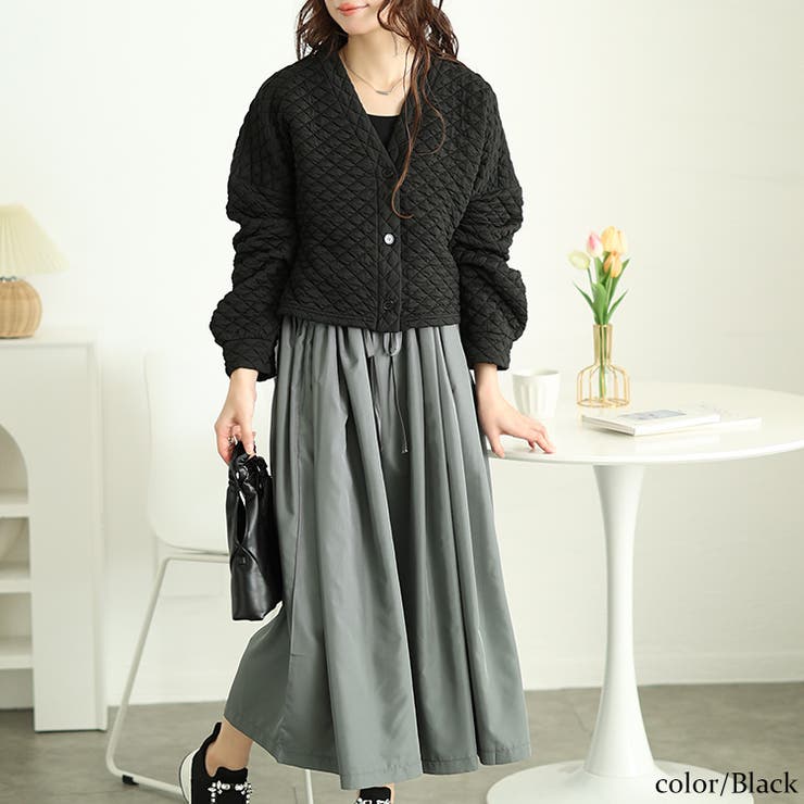 ブラック | 大きいサイズレディース ワンピース キルティングカーディガン＆異素材切り替えワン… | GOLDJAPAN　大きいサイズ専門店
