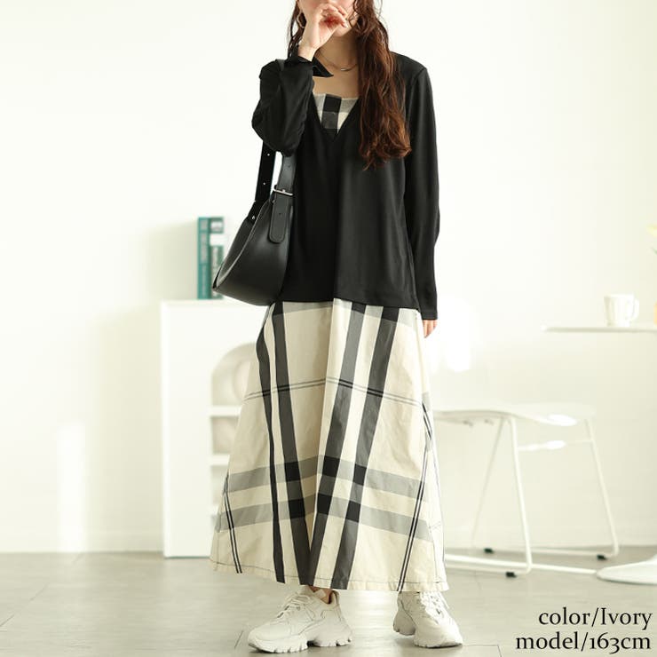 アイボリー | 大きいサイズレディース ワンピース フェイクレイヤードチェック柄ワンピース | GOLDJAPAN　大きいサイズ専門店