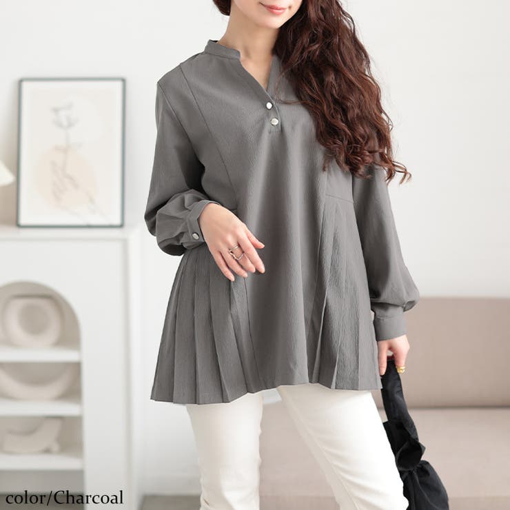 チャコール | 大きいサイズレディース チュニック プリーツ切り替えキーネックチュニック | GOLDJAPAN　大きいサイズ専門店