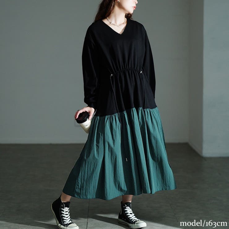 グリーン | 大きいサイズレディース ワンピース ウエストドロストフレアドッキングワンピース | GOLDJAPAN　大きいサイズ専門店