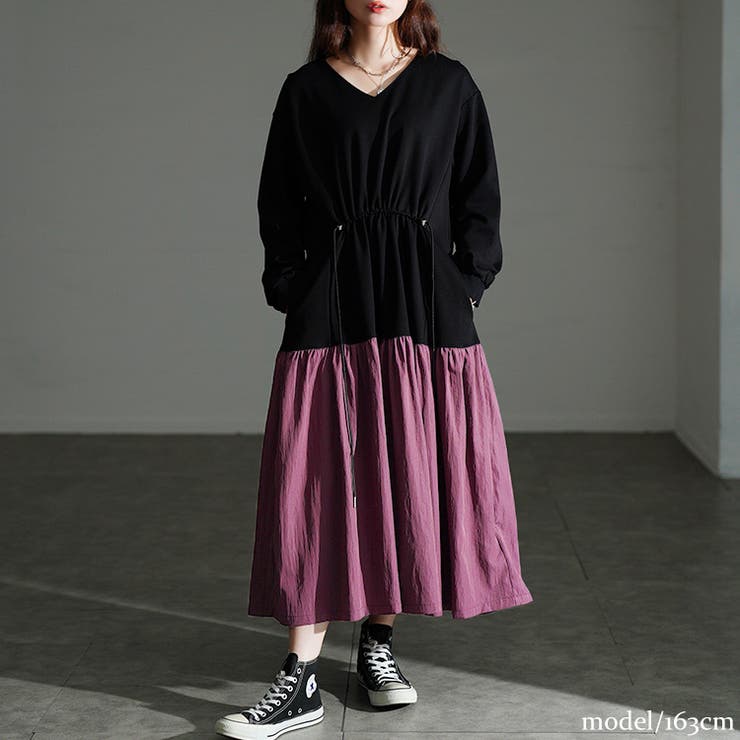 パープル | 大きいサイズレディース ワンピース ウエストドロストフレアドッキングワンピース | GOLDJAPAN　大きいサイズ専門店