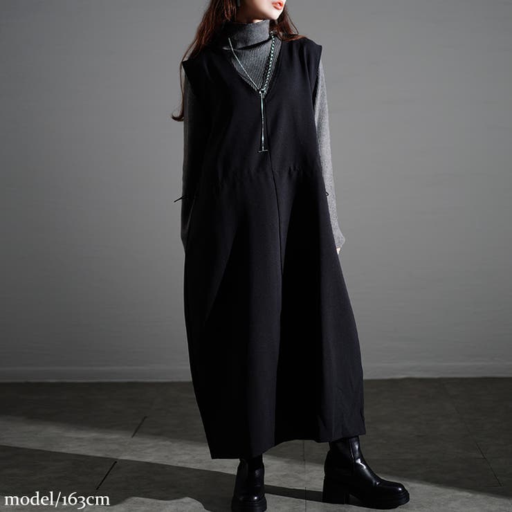 ブラック | 大きいサイズレディース ワンピース ドロストVネックジャンパースカート | GOLDJAPAN　大きいサイズ専門店