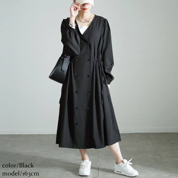 ブラック | 大きいサイズレディース ワンピース タックスリーブダブルボタンワンピース | GOLDJAPAN 大きいサイズ専門店