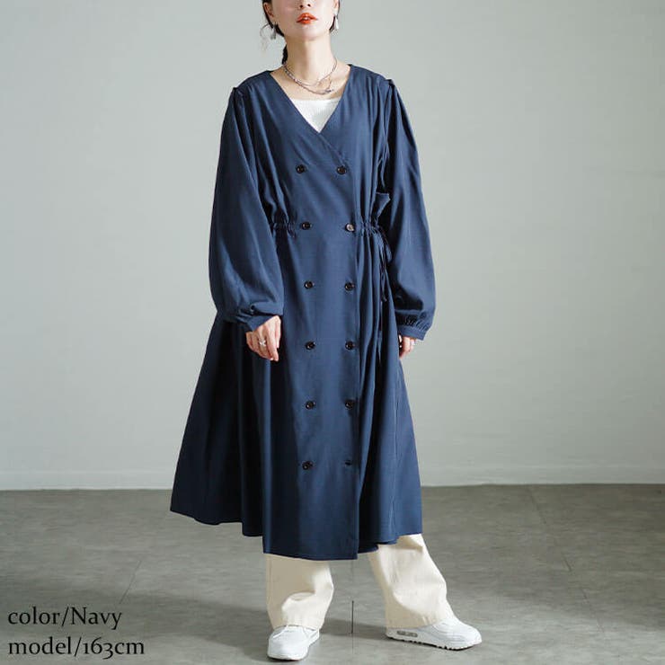 ネイビー | 大きいサイズレディース ワンピース タックスリーブダブルボタンワンピース | GOLDJAPAN 大きいサイズ専門店