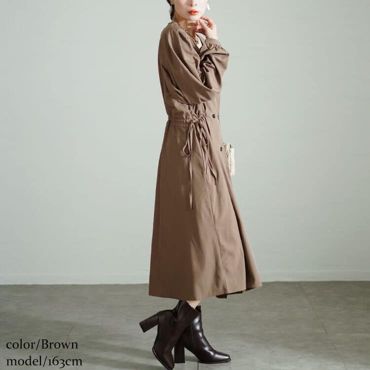 ブラウン | 大きいサイズレディース ワンピース タックスリーブダブルボタンワンピース | GOLDJAPAN 大きいサイズ専門店