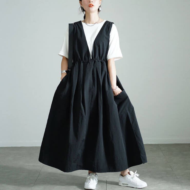 ブラック | 大きいサイズレディース ワンピース 深Vネックバックベルトジャンパースカート | GOLDJAPAN　大きいサイズ専門店