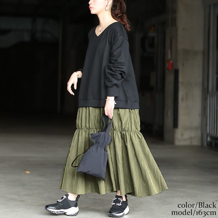 ブラック | 大きいサイズレディース ワンピース 異素材ドッキングギャザーワンピース | GOLDJAPAN　大きいサイズ専門店