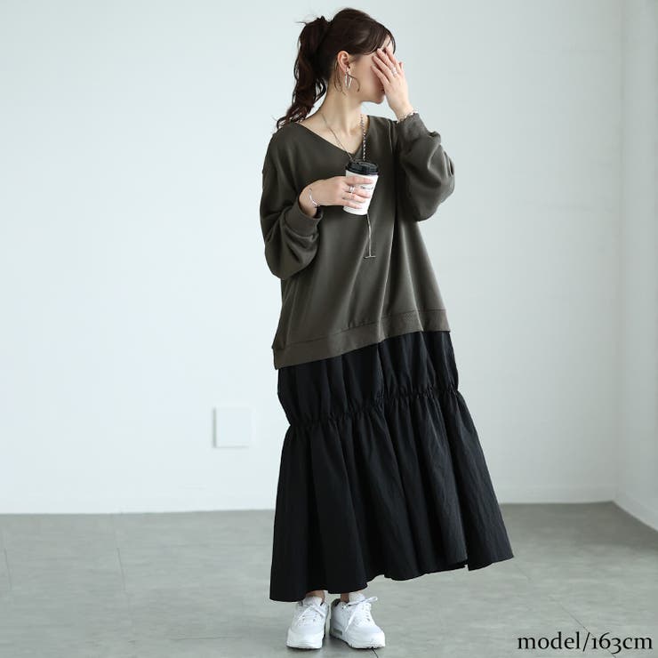 チャコール | 大きいサイズレディース ワンピース 異素材ドッキングギャザーワンピース | GOLDJAPAN　大きいサイズ専門店