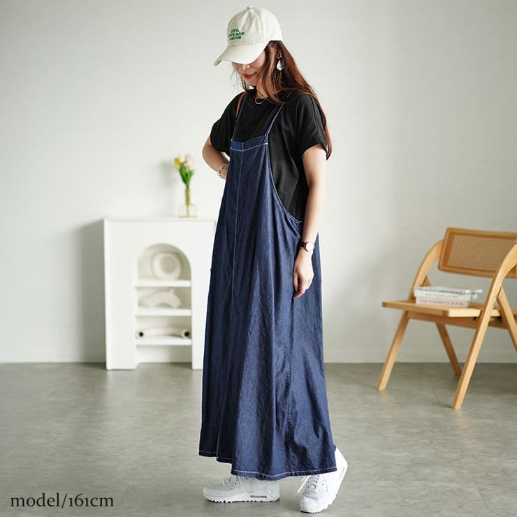 ネイビー×ブラック | 大きいサイズレディース ワンピース ラウンドネックTシャツ＆デニムキャミワンピ2… | GOLDJAPAN　大きいサイズ専門店