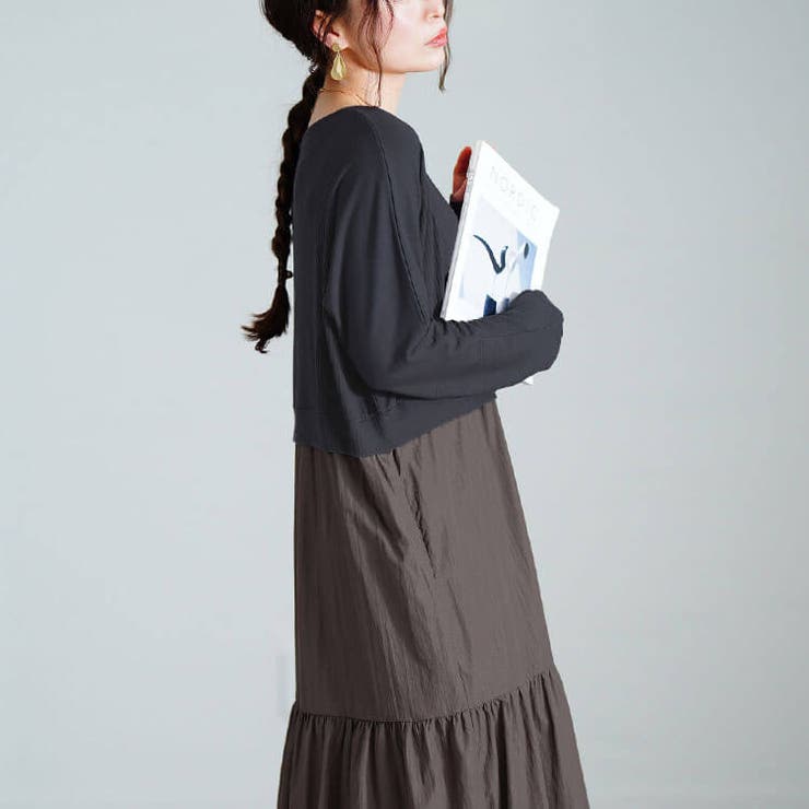 チャコール | 大きいサイズレディース ワンピース ハートネック切り替えティアードワンピース | GOLDJAPAN　大きいサイズ専門店