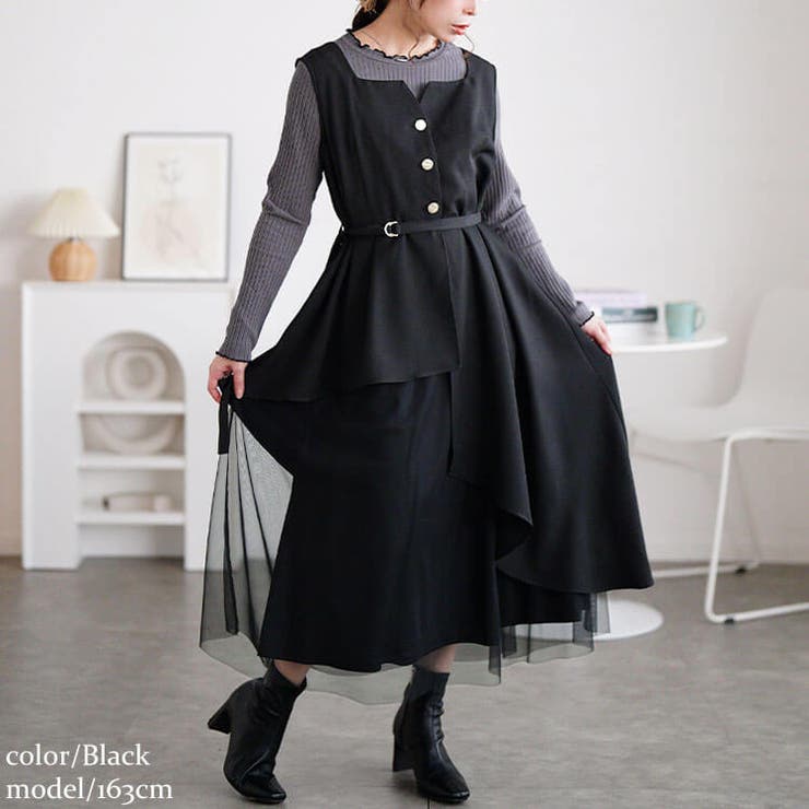 ブラック | 大きいサイズレディース ワンピース アシメ異素材ノースリーブワンピース | GOLDJAPAN　大きいサイズ専門店