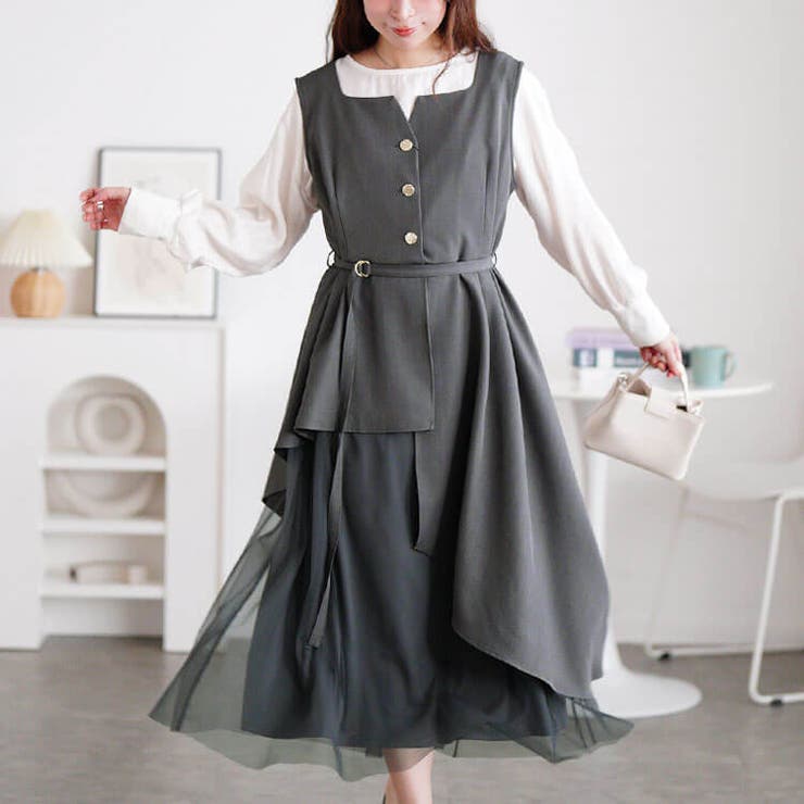 グレー | 大きいサイズレディース ワンピース アシメ異素材ノースリーブワンピース | GOLDJAPAN　大きいサイズ専門店