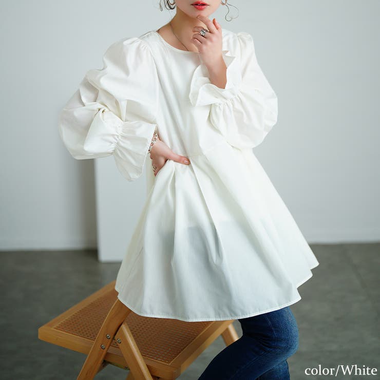 ホワイト | 大きいサイズレディース チュニック キャンディスリーブタック切り替えチュニック | GOLDJAPAN　大きいサイズ専門店