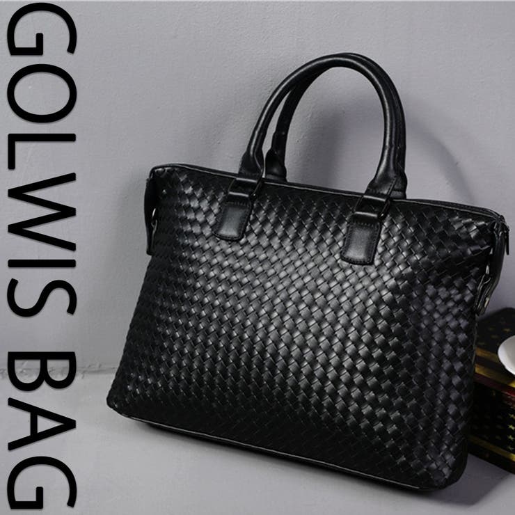 GOLWIS2WAYレザービジネスバッグ格子編み編み込み13インチA4大容量撥水加工bag0017メンズブラック