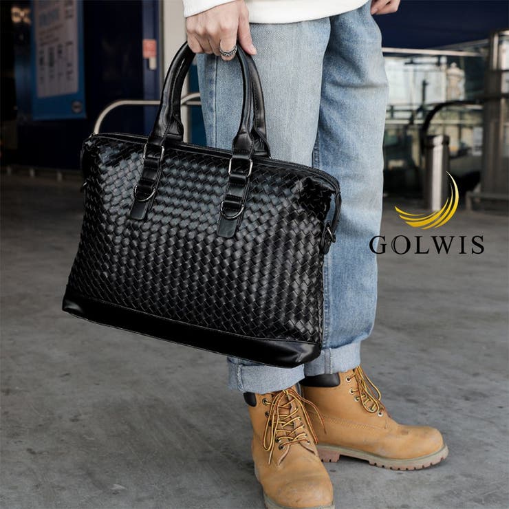 GOLWIS2WAYレザービジネスバッグ格子編み編み込み13インチA4大容量撥水加工bag0017メンズブラック