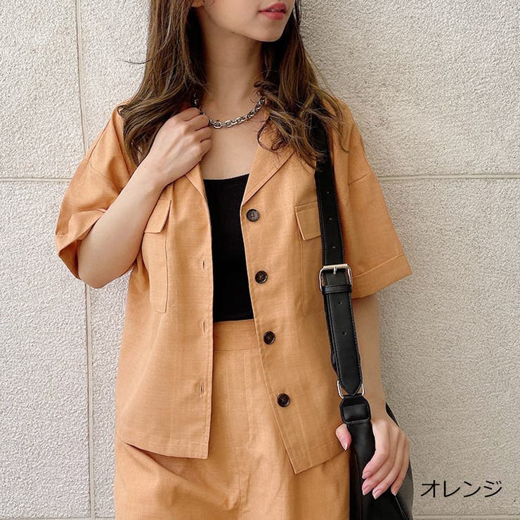 リネンライクショートシャツ オレンジ - シャツ/ブラウス(半袖/袖なし)
