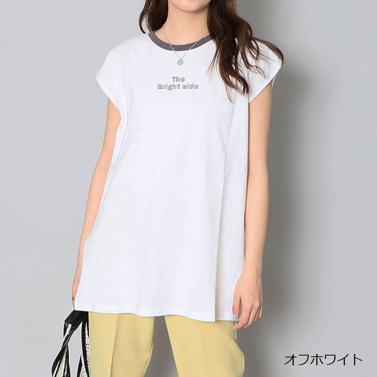 オフホワイト】配色フレンチスリーブＴシャツ[品番：GORW0005991