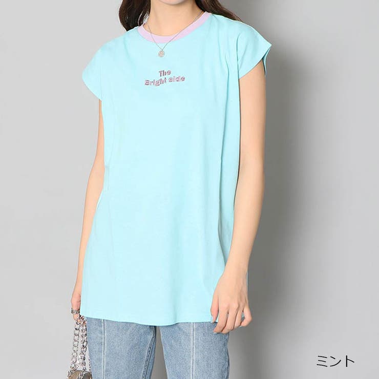 オフホワイト】配色フレンチスリーブＴシャツ[品番：GORW0005991