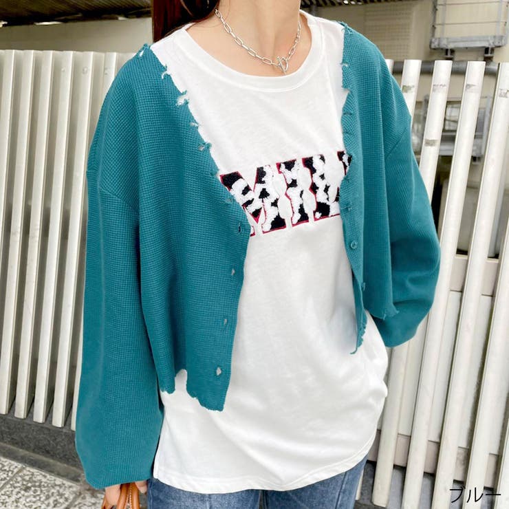 ブルー | ダメージワッフルカーディガン | GORGE 