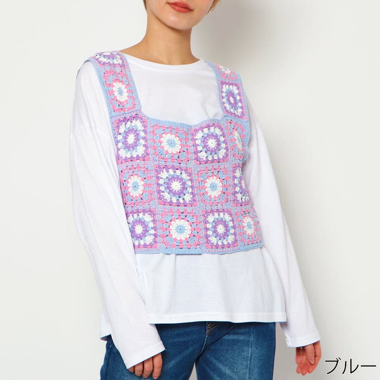 ブルー | ロンＴ付きカギ針トップス | GORGE 