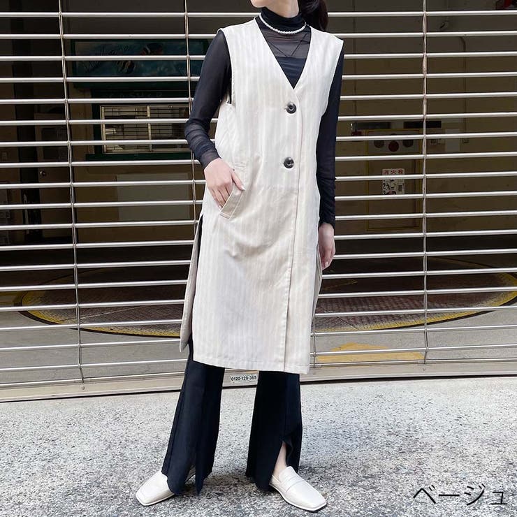 【極美品】LOEFF ロングギャバベスト　ジレ　ストライプ　ダークグレー　1 ストライプロングジレ[品番：GORW0006676]｜GORGE （ゴージ）の