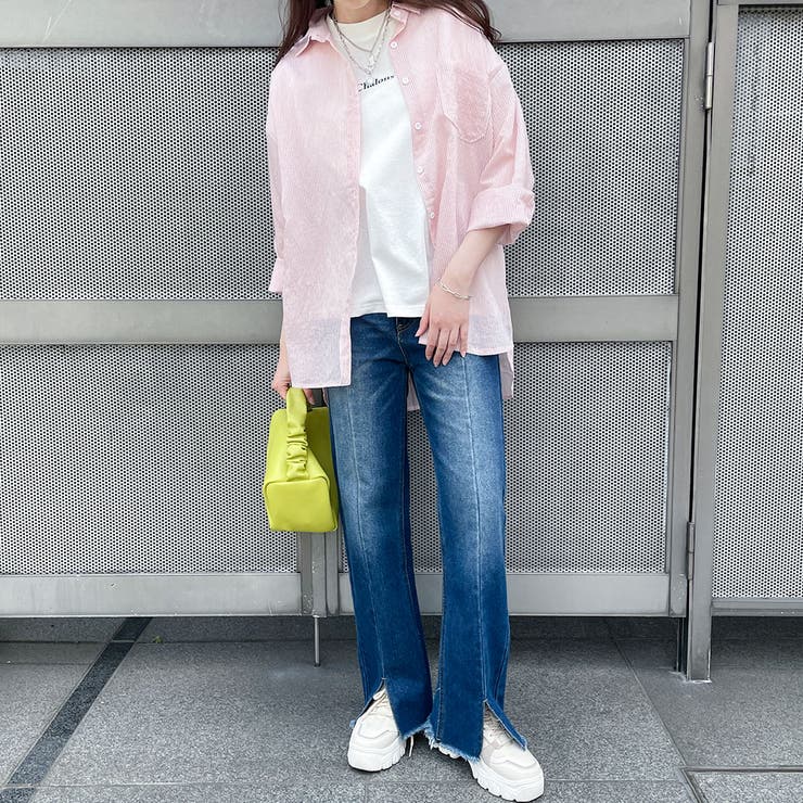 シャツ グラデーション ストライプ シアー 韓国 L2576 SLY ブラウス シャツ H/S GRADATION STRIPE SH ハーフスリーブ