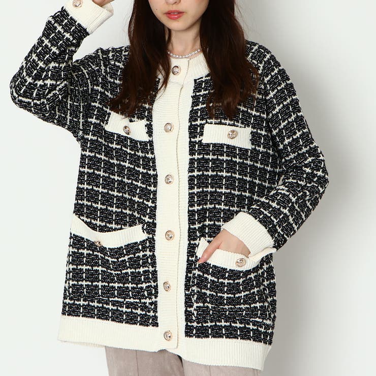 カーディガン レディース オフィス ロング 長袖 ロングカーディガン 長袖カーディガン ツイード ニットツイードカーディガン ステッチ 体型カバー 秋冬 トップス ツイードロングカーディガン[品番：GORW0007218]｜GORGE （ゴージ）の