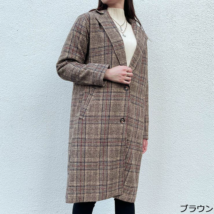 ブラウン系チェック ロングコート Mサイズ GORGE ブラウン系チェック ロングコート Mサイズ GORGE