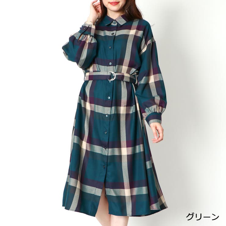 リボン＆パール付きバックレースアップ千鳥柄ワンピース