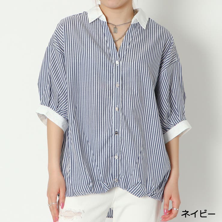 ネイビー | ５分多種ボタンバックレースアップシャツ | GORGE 