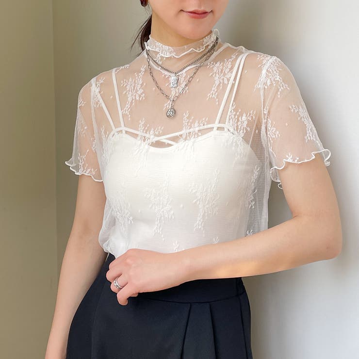 シーニュ　チュールトップス　 ホワイト 半袖トップス チュールレース半袖TOPS[品番：GORW0007978]｜GORGE （ゴージ